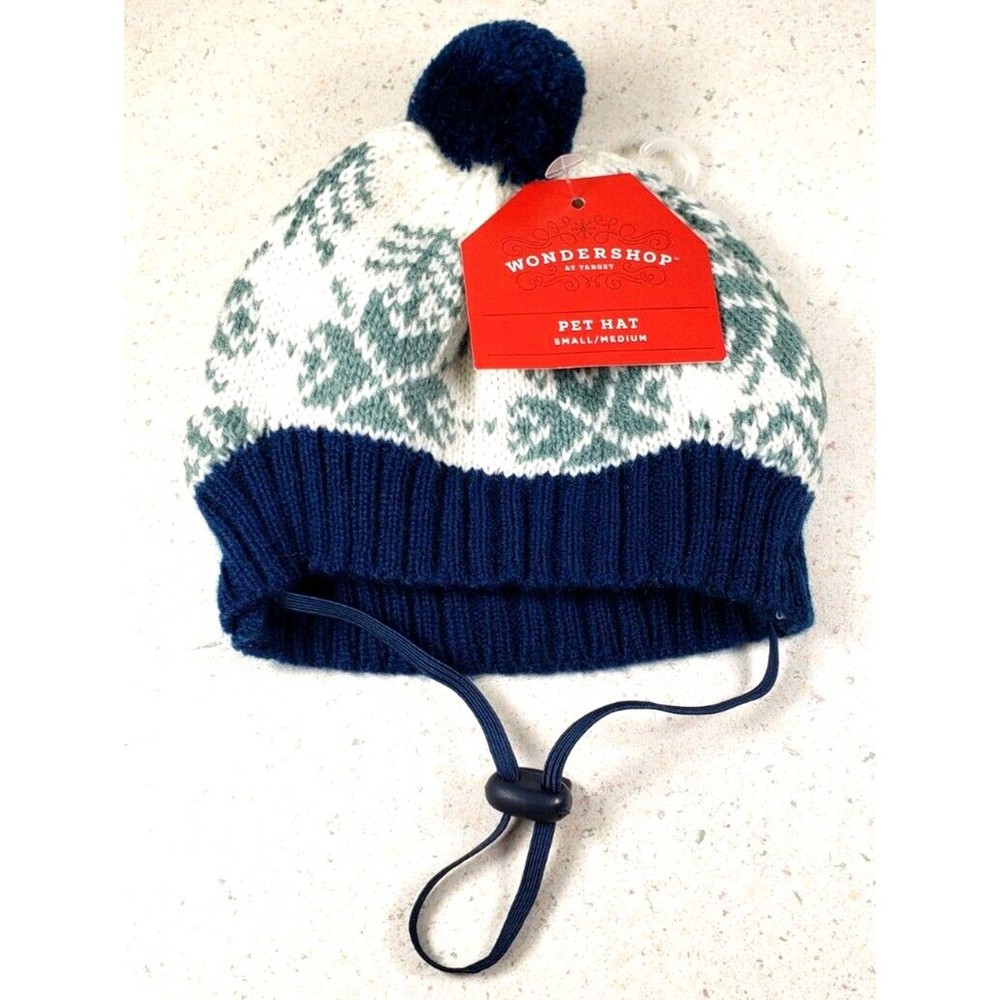 Christmas Dog Hat Blue Pom Pom Adjustable Elastic size Small/Medium